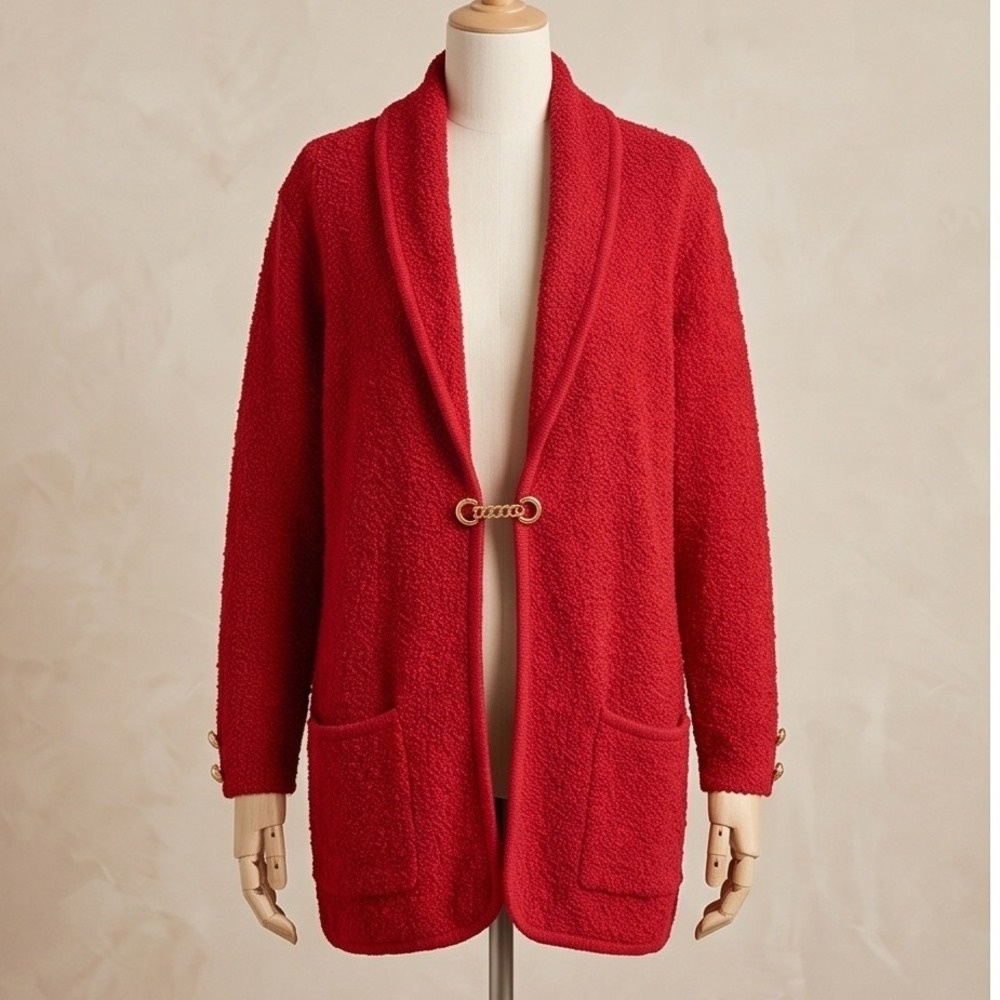 Side‎ Effects M Red Boucle Knit Cardigan Sweater Gold Closure Vintage 1995 Heavy